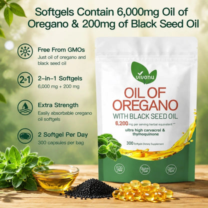 Oil of Oregano with Black Seed Oil Softgels 300 Count 6200mg Herbal Supplement