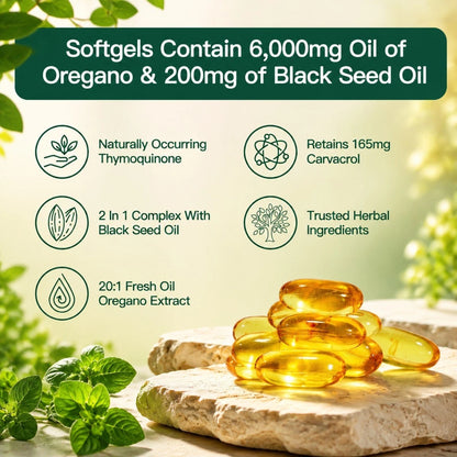 Oil of Oregano with Black Seed Oil Softgels 300 Count 6200mg Herbal Supplement